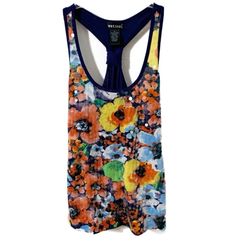 Wet Seal Bright Floral Pattern Design with Iridescent Sequins Racerback Tank